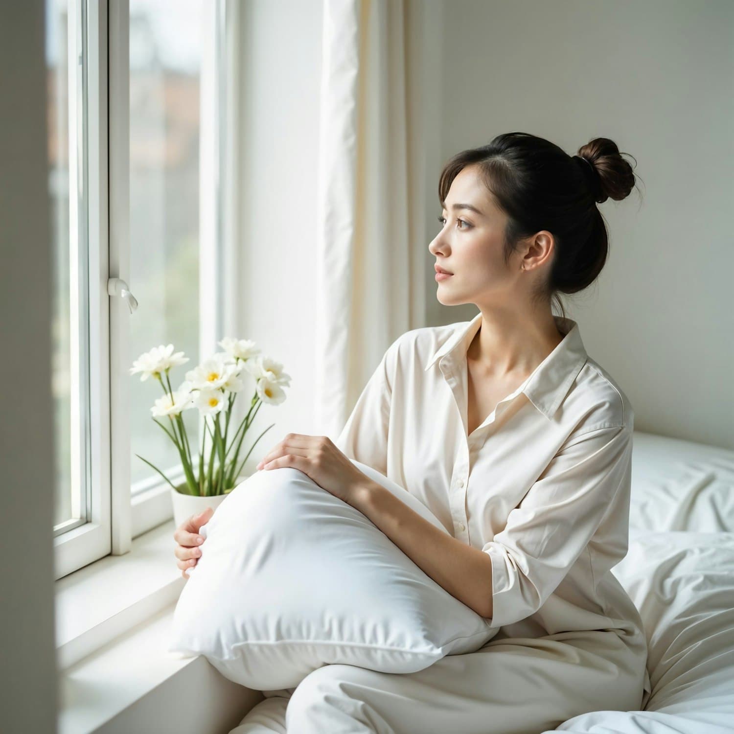 A woman sitting calmly by a sunlit window next to a vase of white flowers