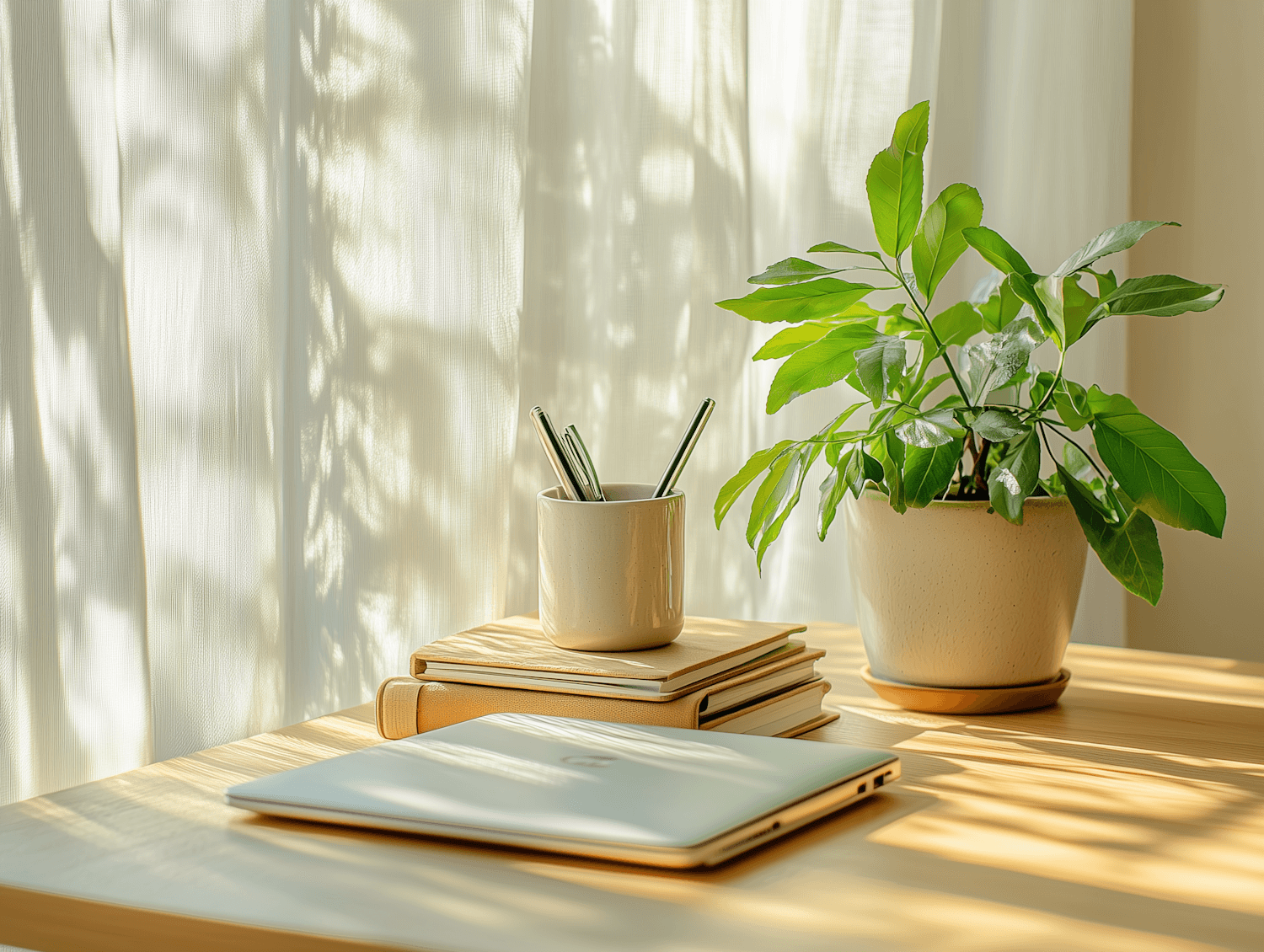 A calm, sunlit desk with a laptop, notebooks and a plant
